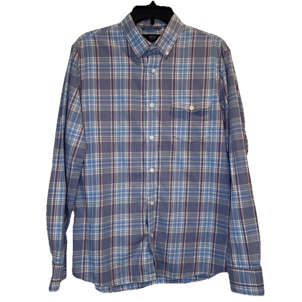 1901 Slim Fit Men’s Fairview Wash Blue IPlaid Button‎ Up Shirt Sz L